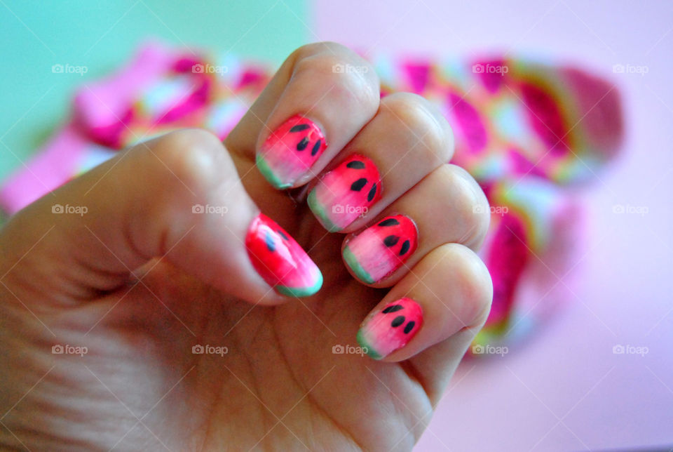 watermelon  nail art, fruity nail polish