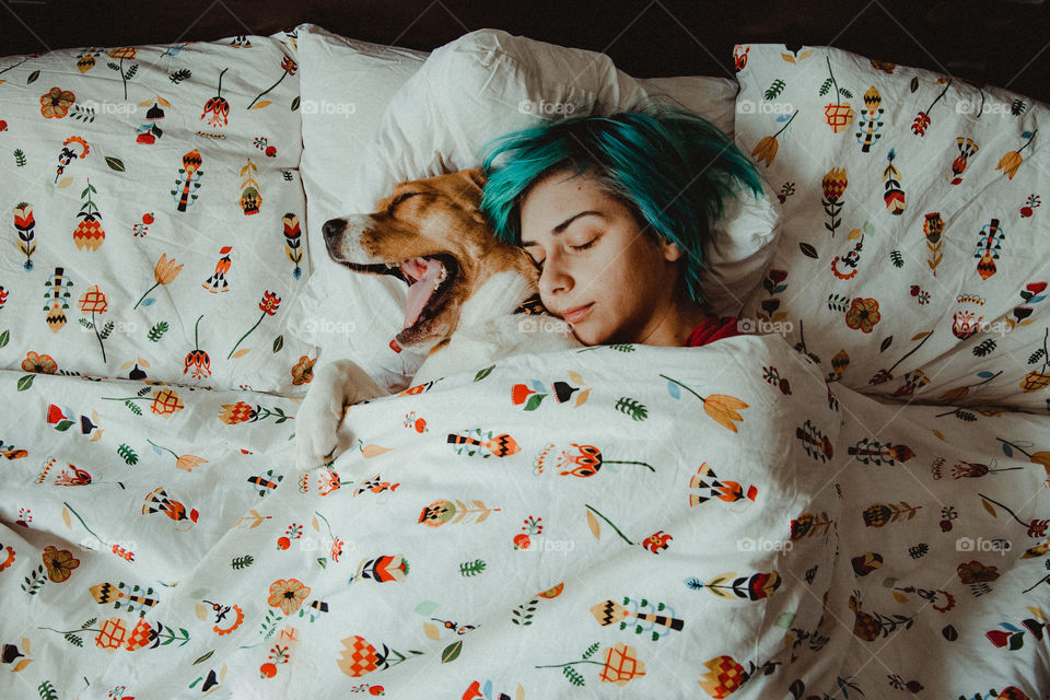 Funny moment with a girl and her beagle dog sleeping in bed