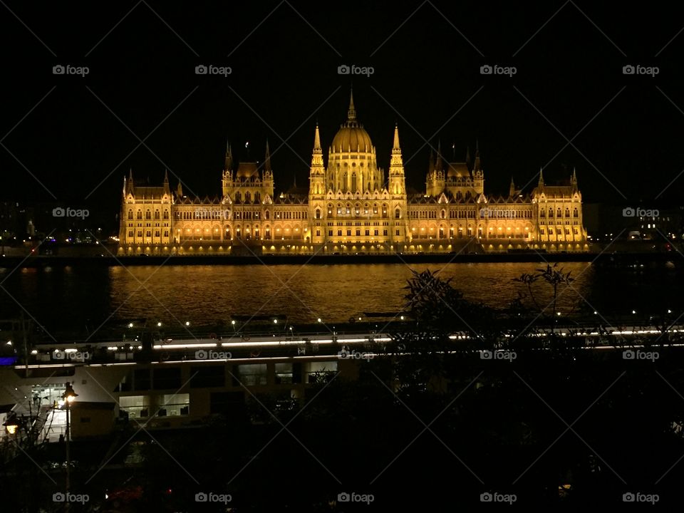 Hungarian Country House at night from the Buda side of the Danube. October 2017.