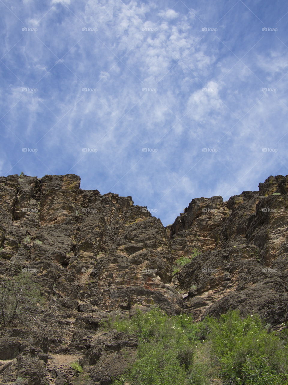 A layered and jagged cliff towers above the trees reaching for the sky. 