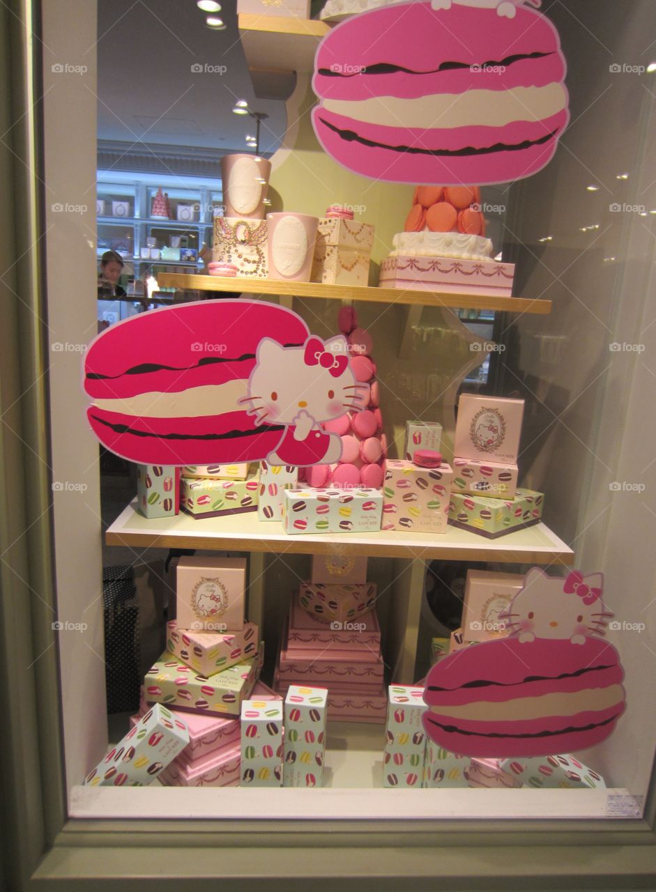 Pink Hello Kitty Macarons, Colorful Spring Display, Ginza, Tokyo, Japan.