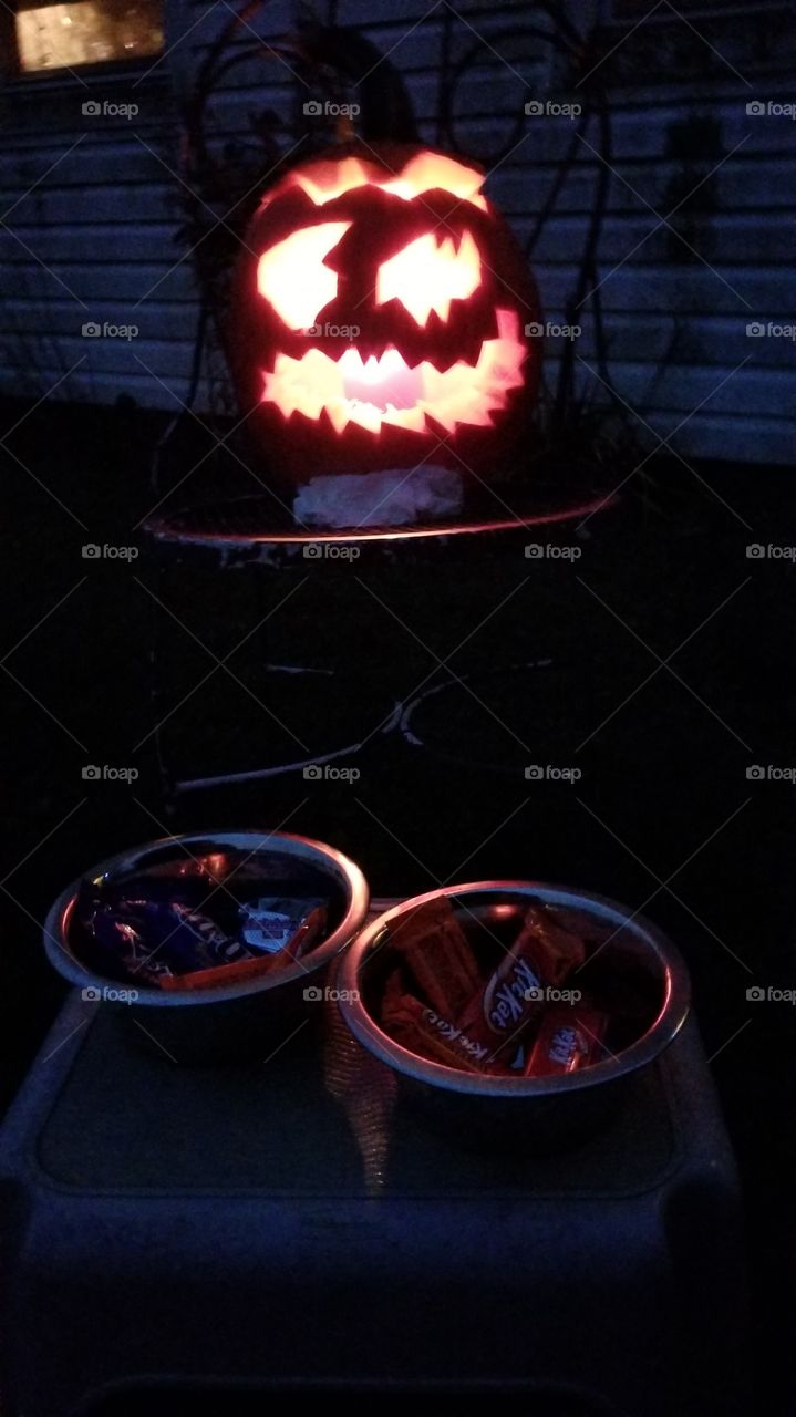 This year's Halloween pumpkin and candy