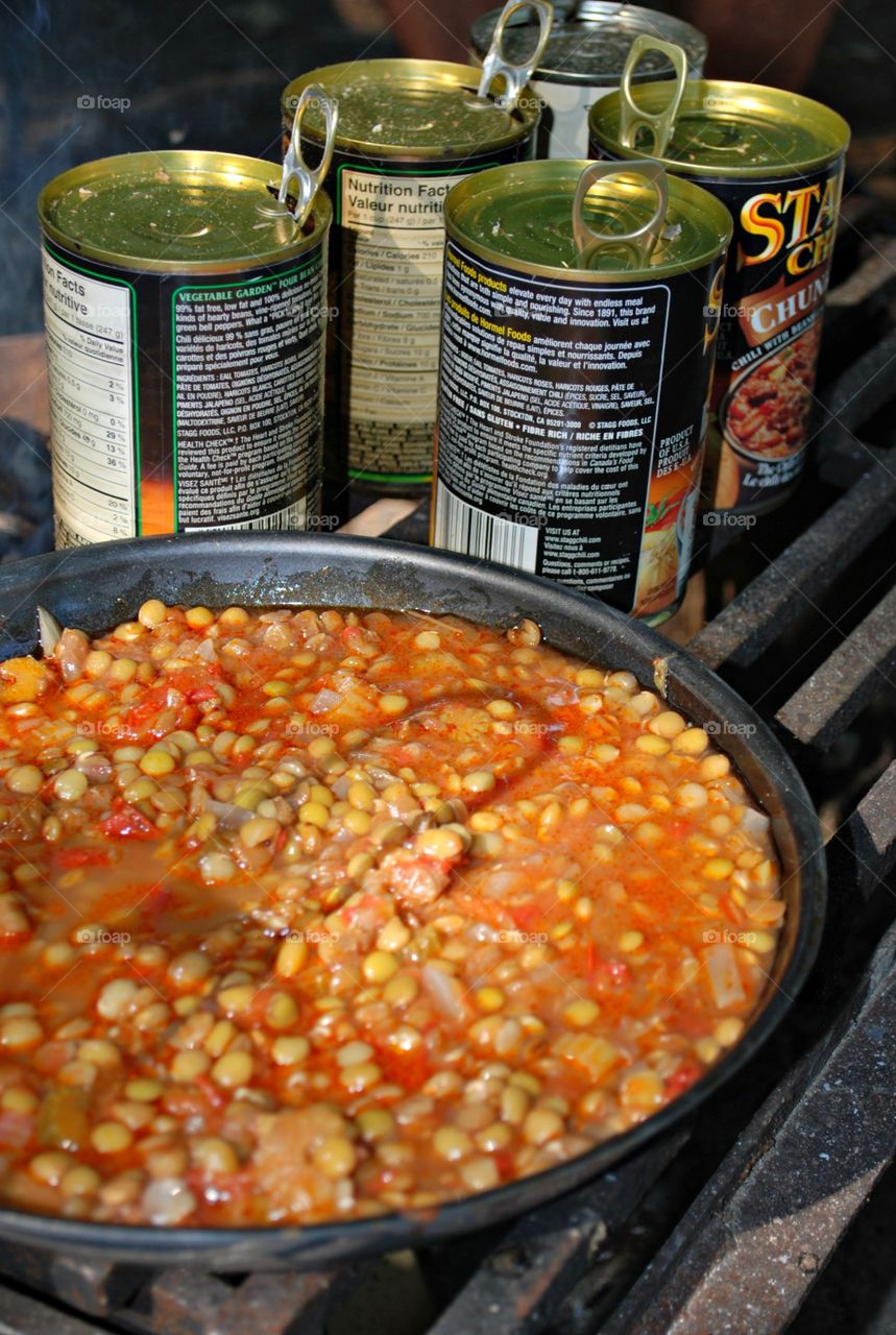 Stagg Chili Cooked on the Campfire Grill, Camping, Summer Vacation, Food, Beans