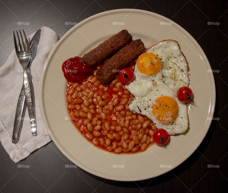 Eggs, beans and vegetarian sausages