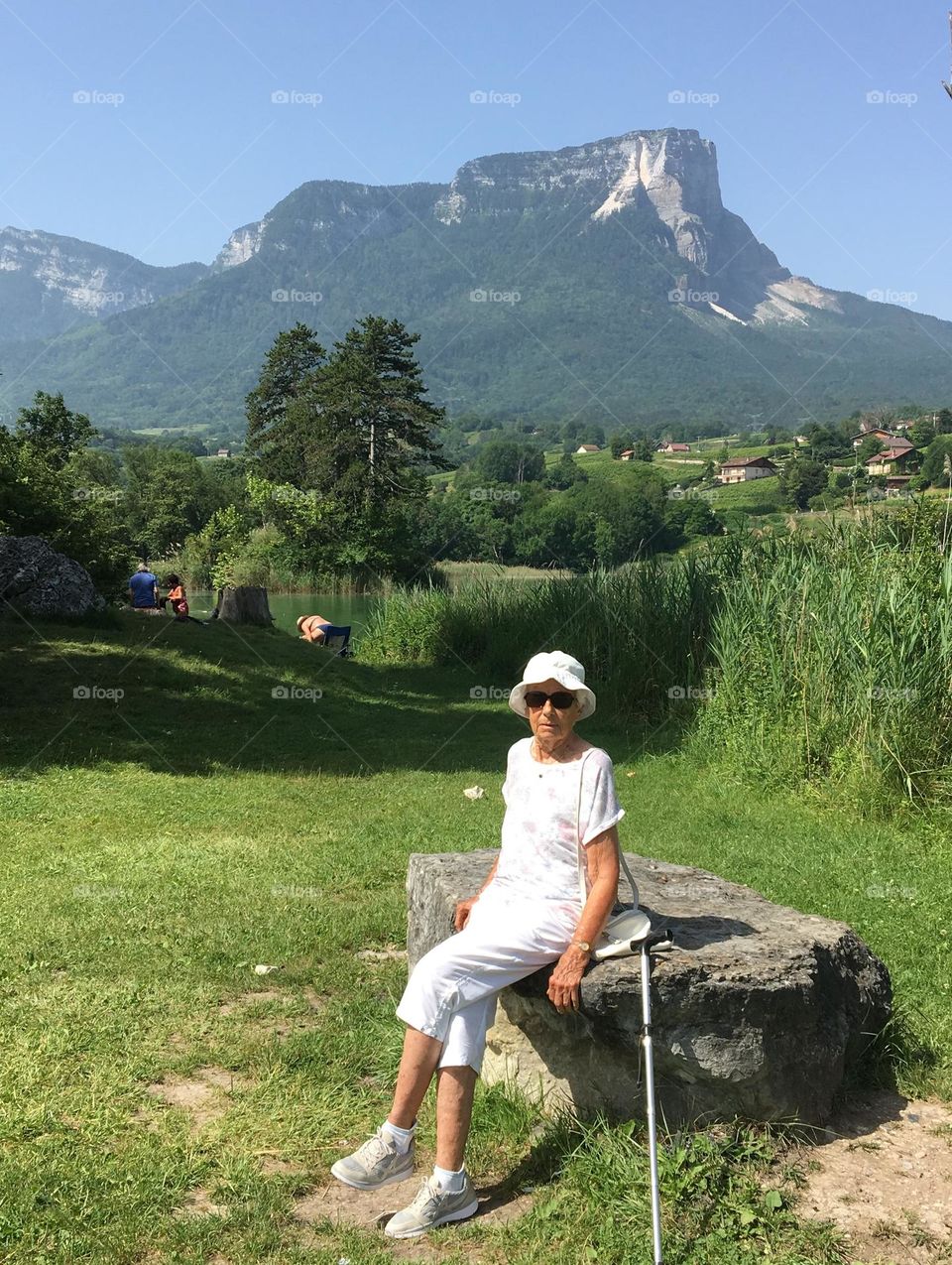 Mother and mountains in summertime