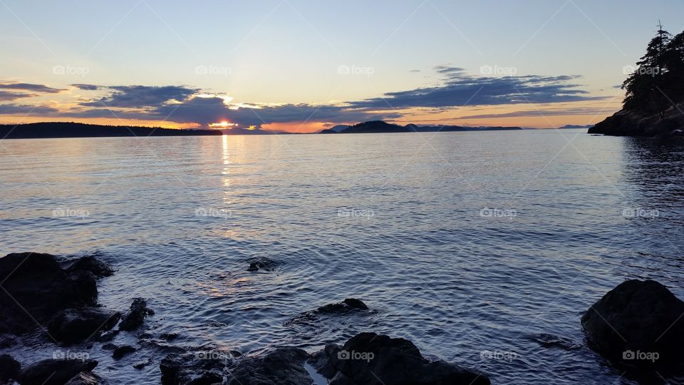 Sunset over Spieden Channel seen from Jones Island in the San Juan Islands Washington
