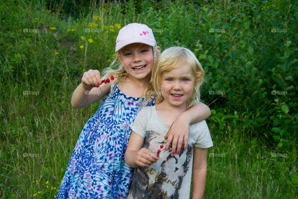 Two young sisters picking Strawberries in Käglinge woods in Sweden.