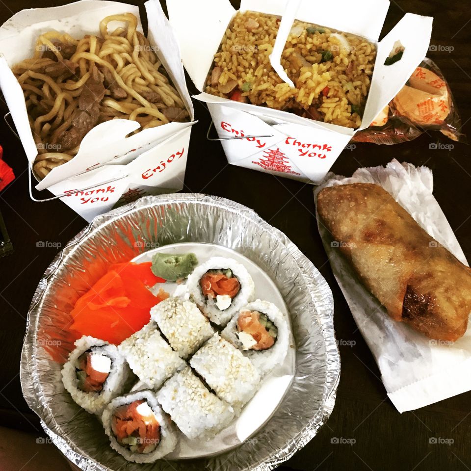 Did I order enough Chinese? Lo mein- hold the veggies, pork fried rice, cheesesteak egg roll, and a philly roll
