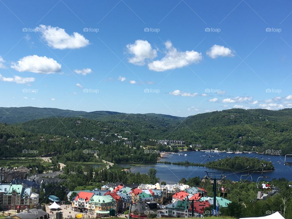 The aerial view on Mont-Tremblant village and lake Tremblant Nord during summer 