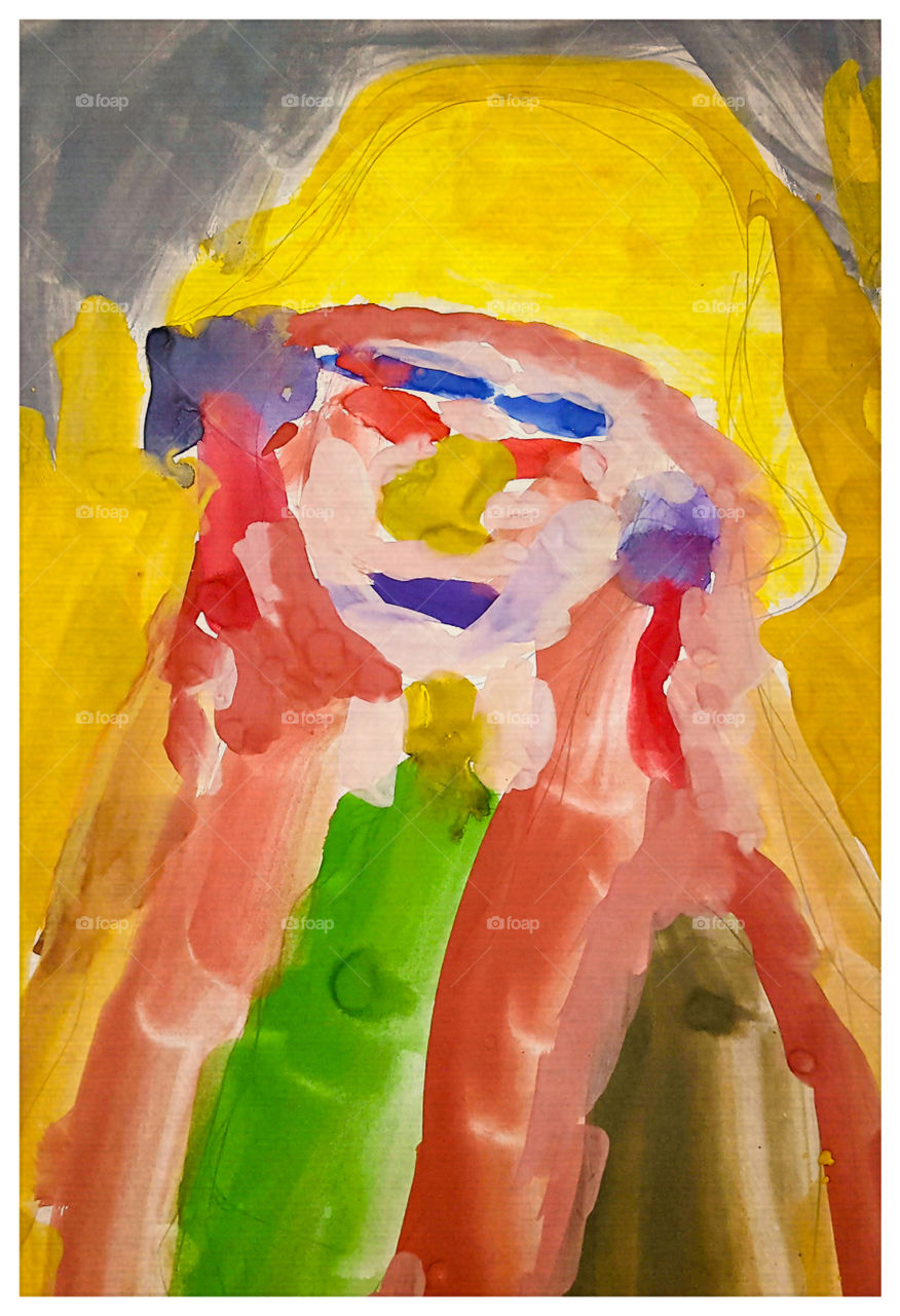 Children's creativity.  Portrait of mom paints.  Child's drawing with gouache in the studio of creativity