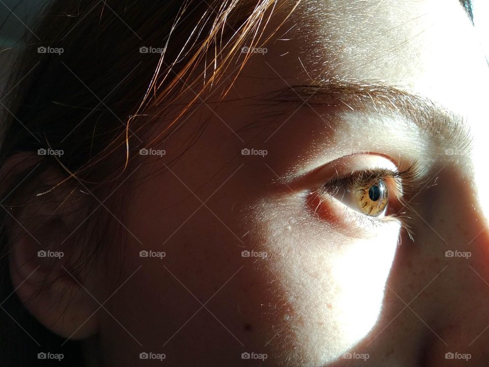 Golden eyes under the sun. Close up eye photo