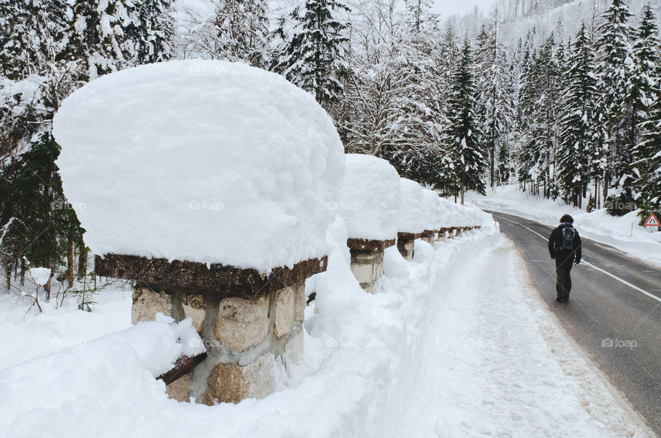 Scenic view of white winter landscape. Snow covered bridge against the snow covered pine trees in mountains. Slovenia, Kranjska Gora.