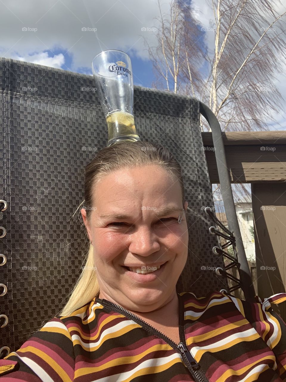 Sitting with a beer on my head 