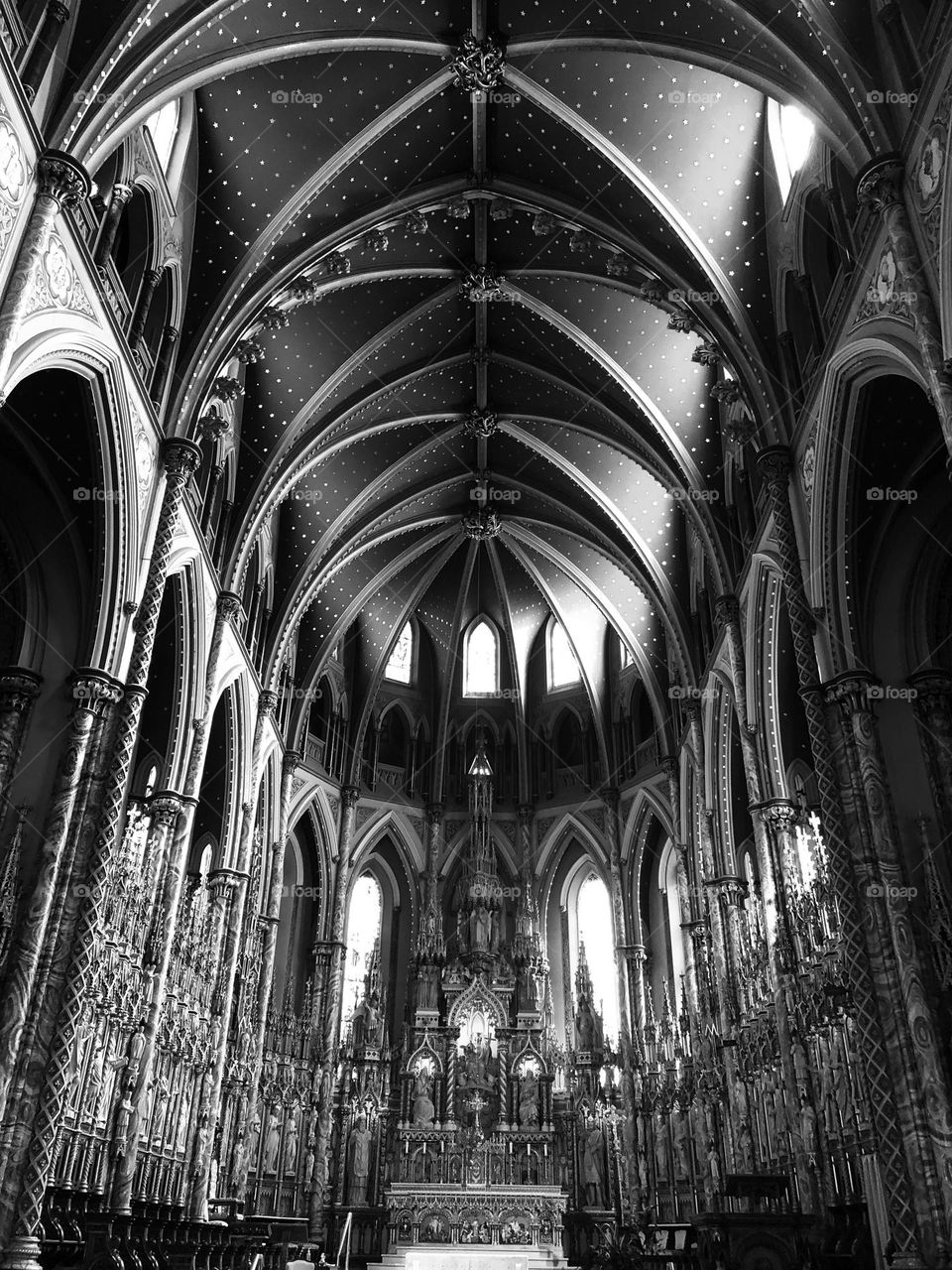 View of the inside of a historical church in black and white