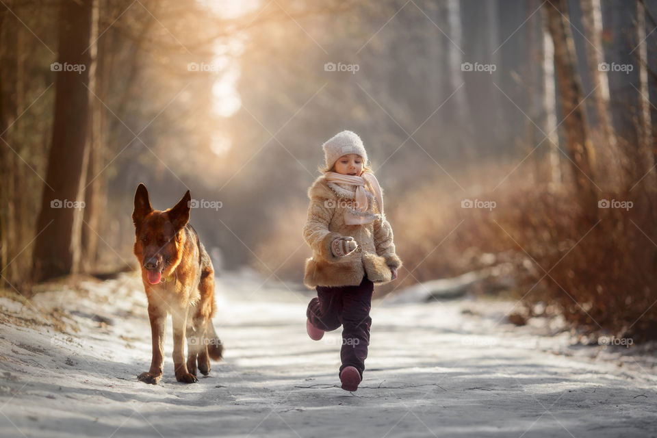 Little girl with German shepherd dog walking in a winter park 