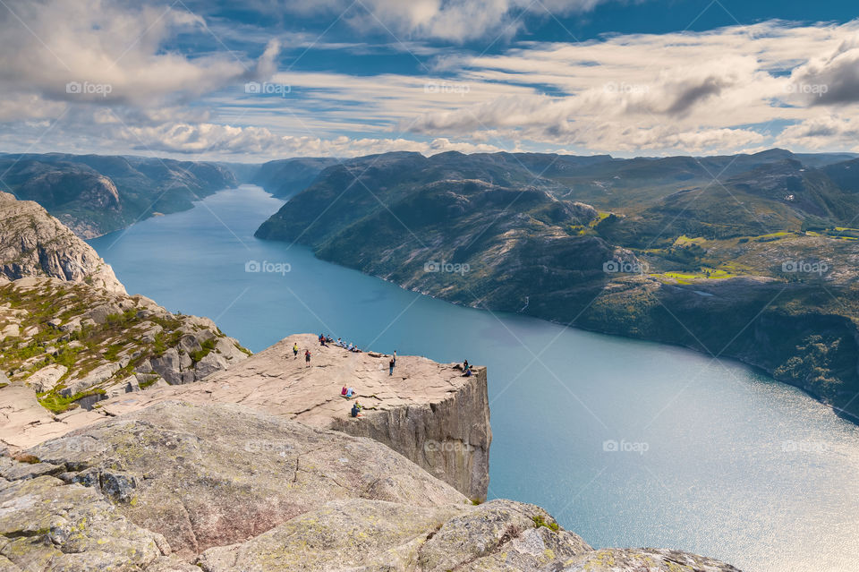 Distant view at Preikestolen or Pulpit Rock in Norway. Europe.