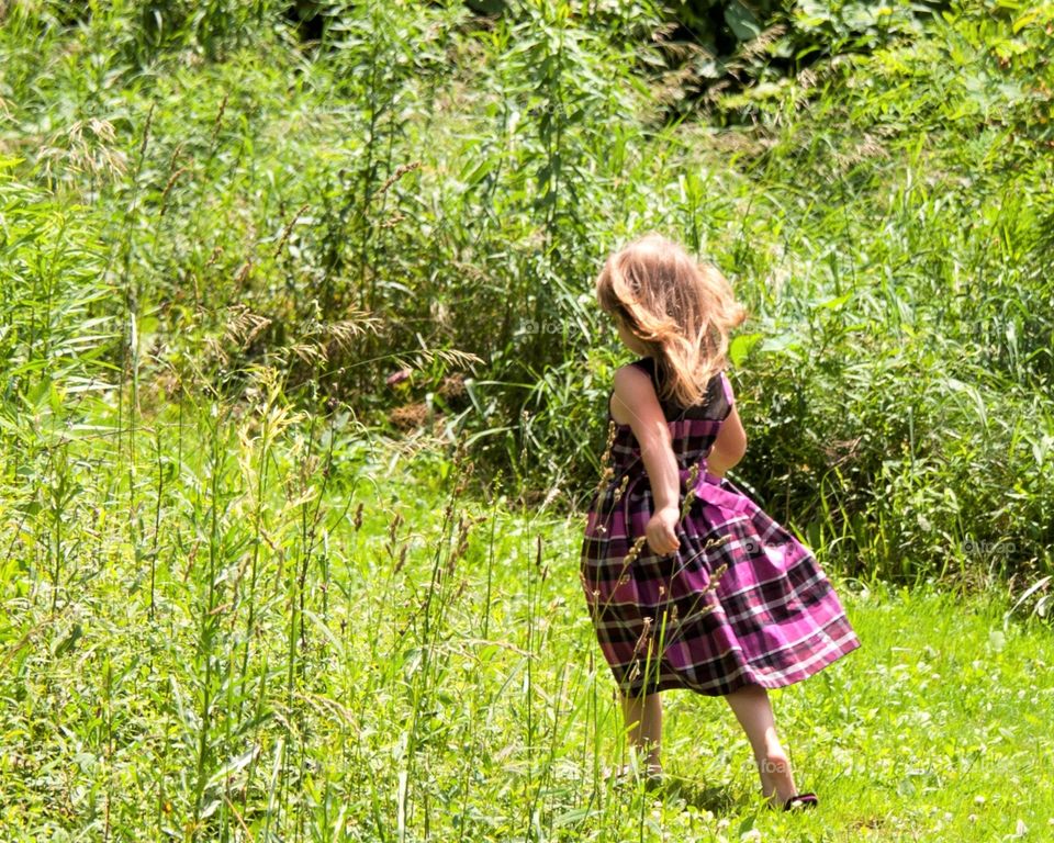 Country setting, Little girl in a purple dress walking through a grassy field 