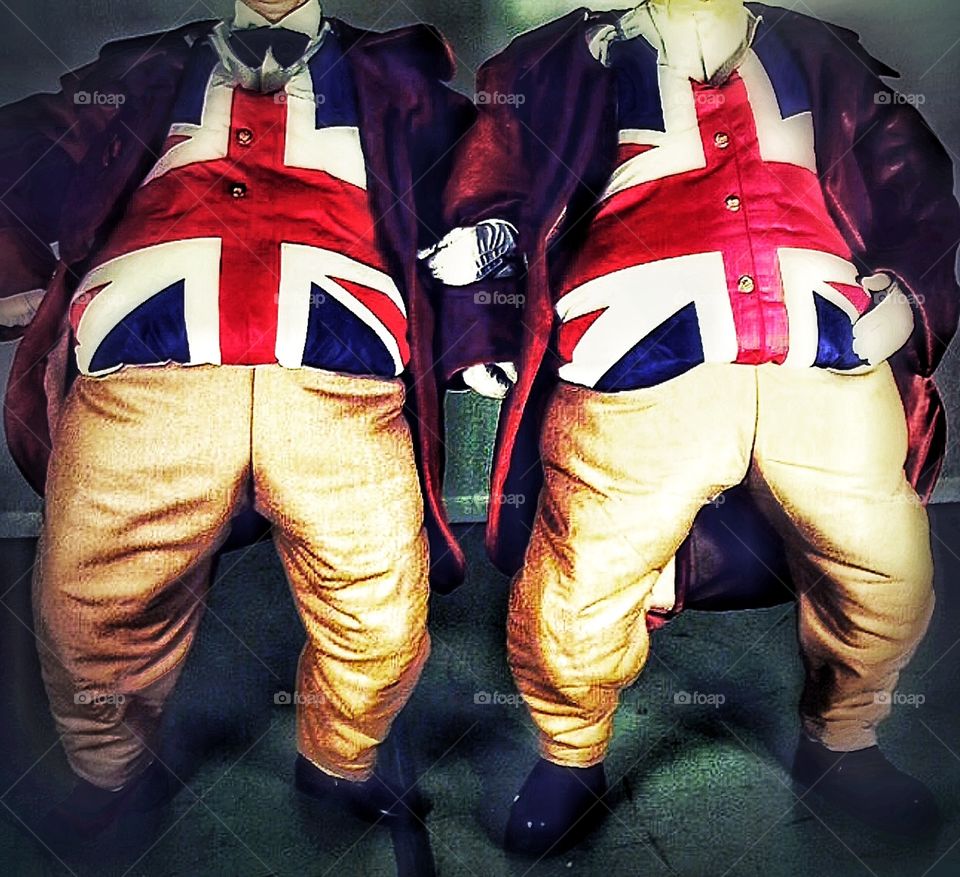 Union Jack . Two fat men wearing Union Jack waistcoats 