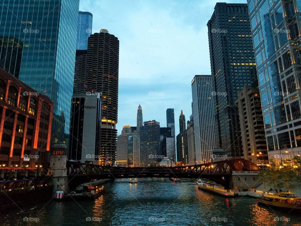 Beautiful waterfront by night Chicago USA