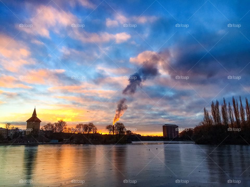 View over Pildammsparken in Malmö Sweden. Morning sunrise.