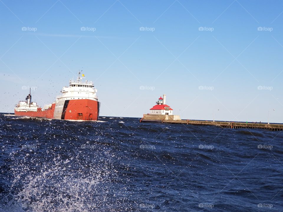 Ship going through the harbor in Duluth, Minnesota.