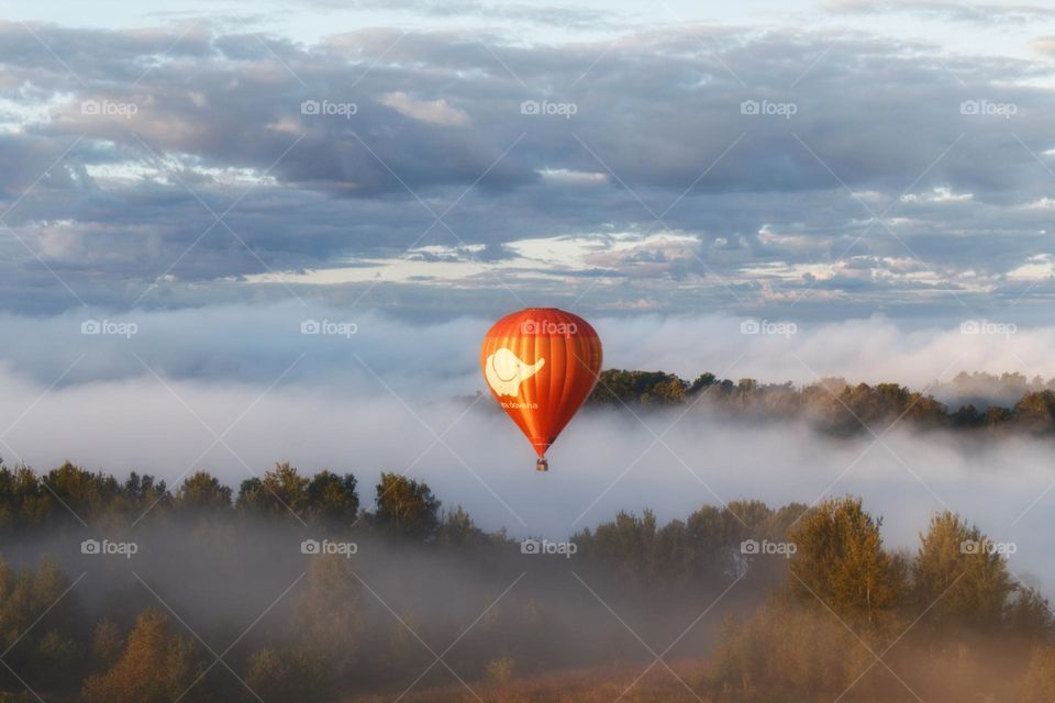 Hot air balloon ride over Trakai, Lithuania, with trees, fog and providing glimmers of happiness.