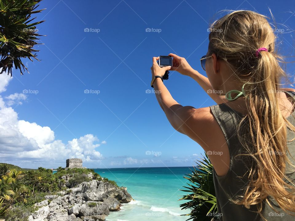 Amazing view of Tulum Mayan temple.