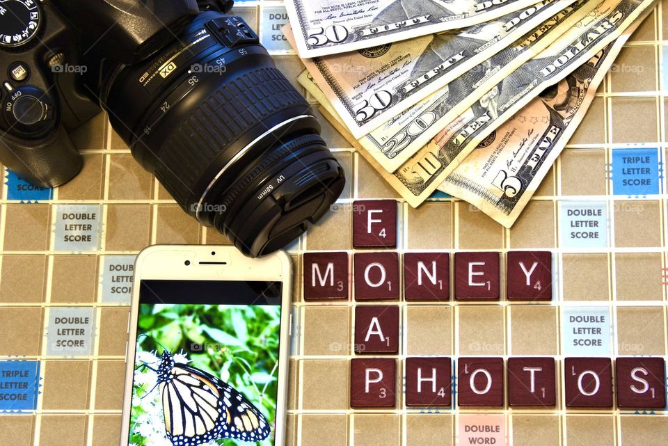 Flat lay, still life, Camera, smart phone, money, Foap