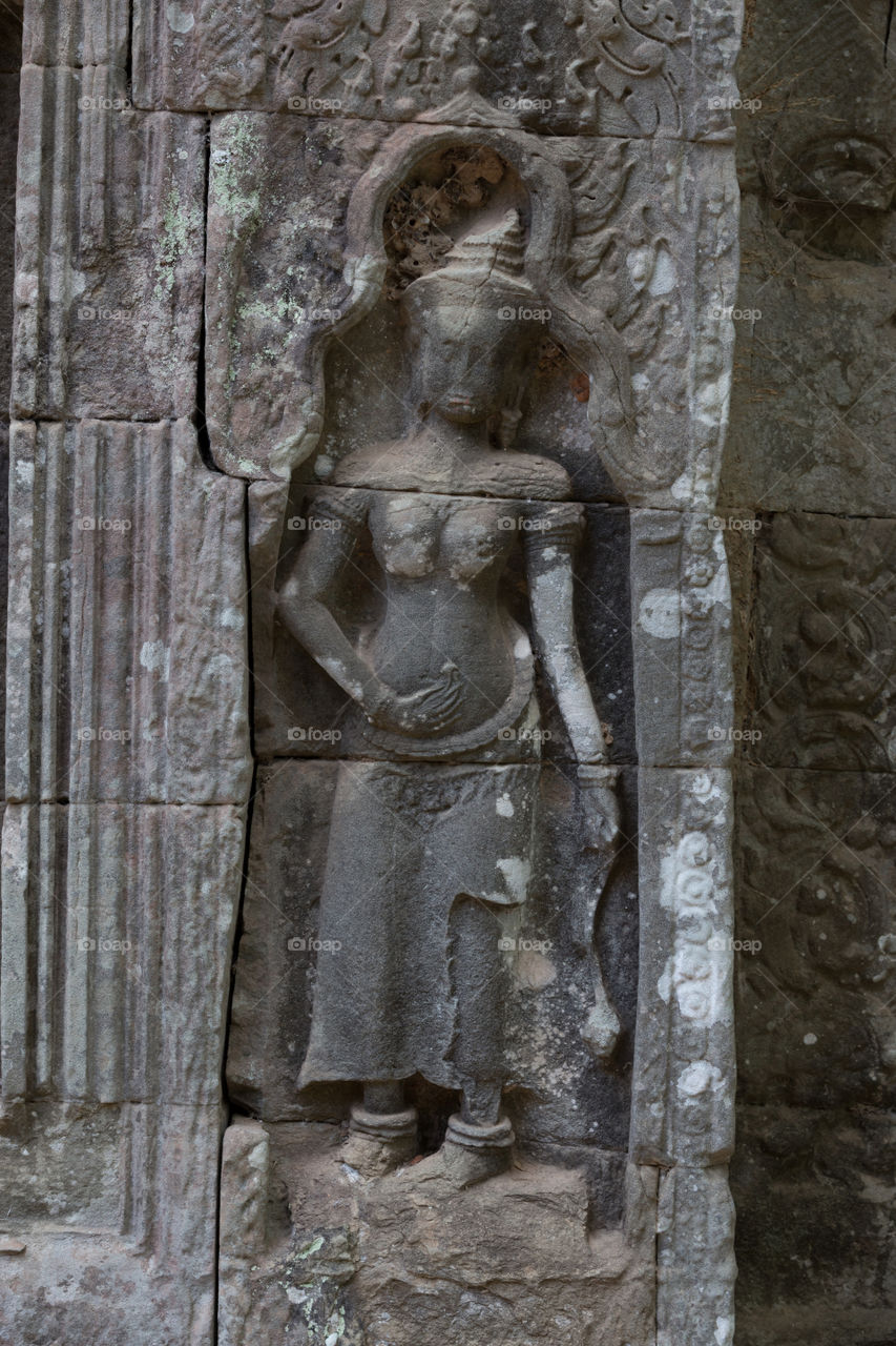 Carving inside Ta Prohm temple in Siem reap Cambodia 