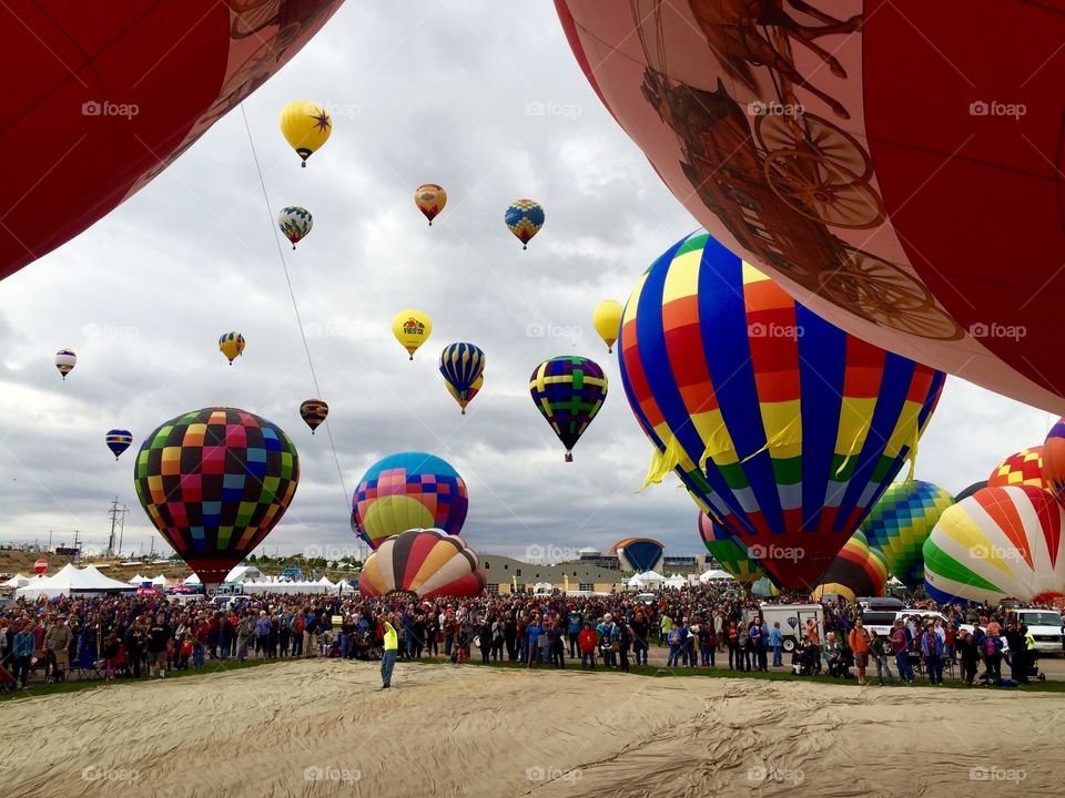 Balloon Fiesta 2015 ABQ. Up in the action, shot of some great colorful balloons mass ascension !
