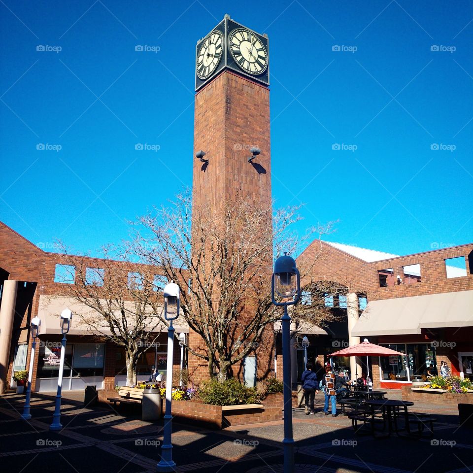 The clocktower in Beaverton Town Square in Beaverton, Oregon.