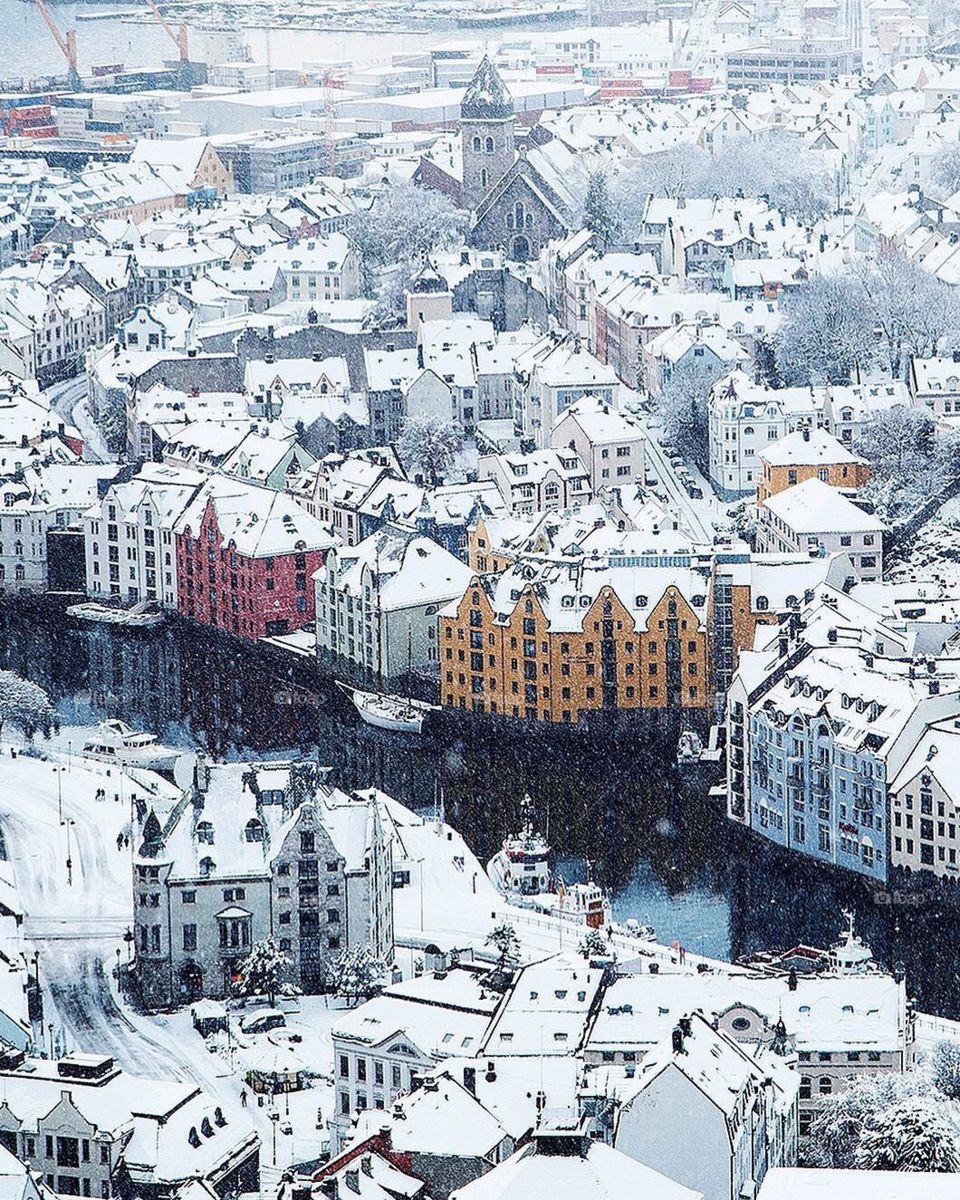 Beautiful Norway on winters season, snow falling down