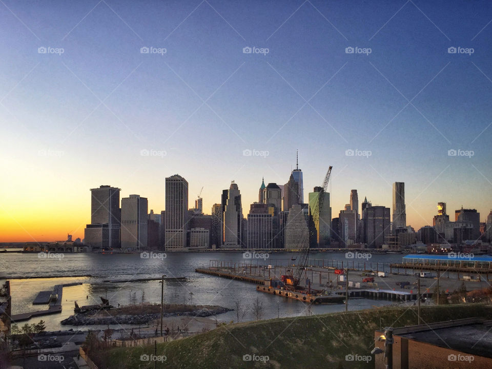Lower Manhattan seen from Brooklyn at sunset