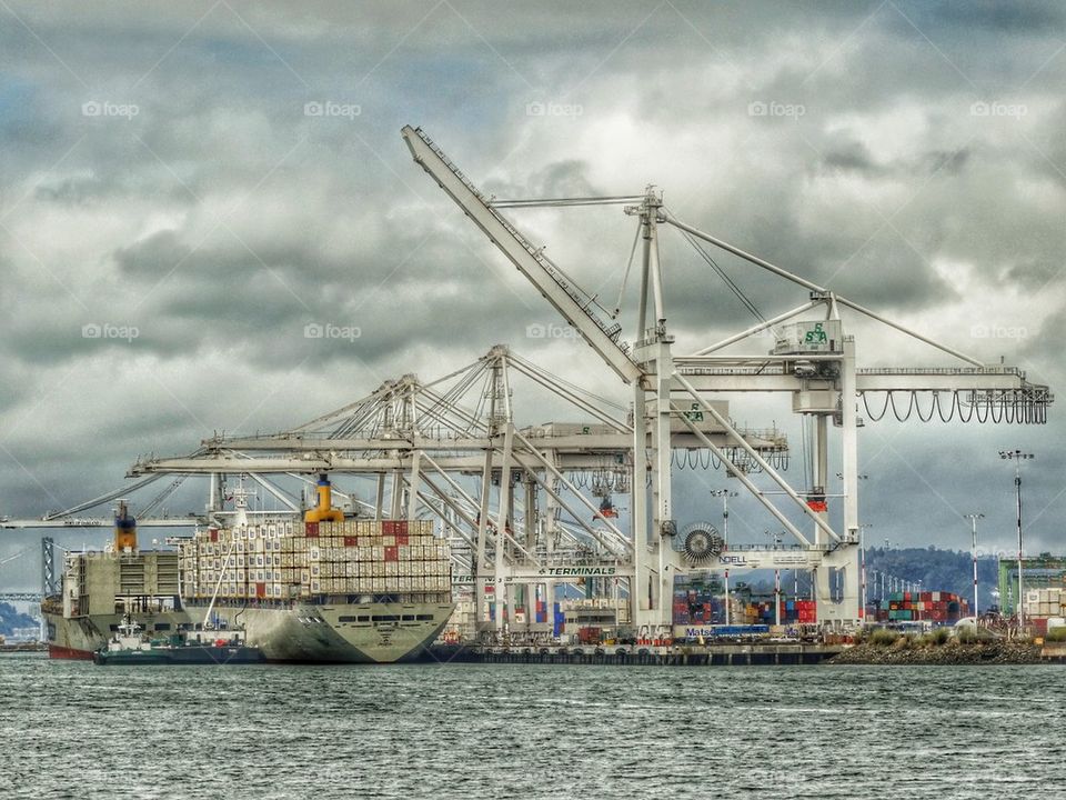 Cargo Ship Unloading At A Busy Seaport. Giant Steel Cargo Cranes At A Seaport
