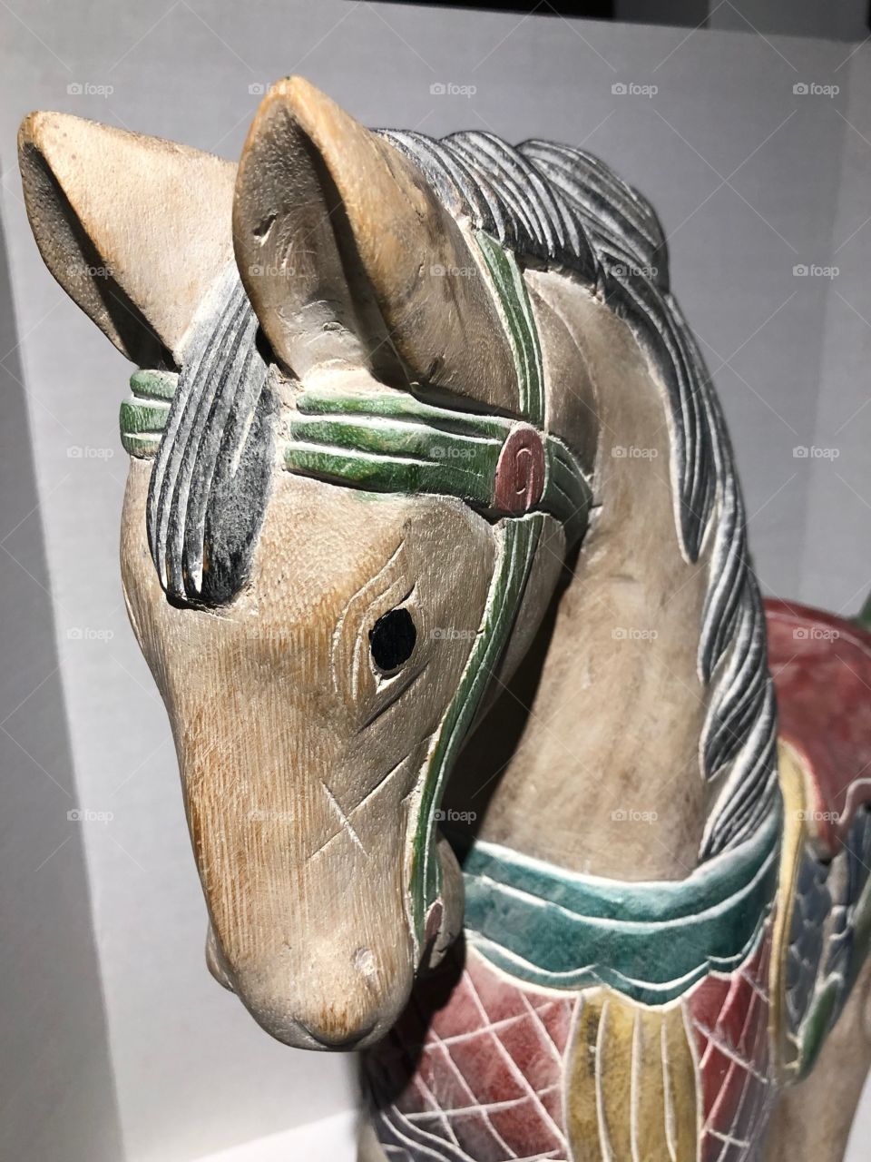 Antique looking wooden horse sculpture (head) with vibrant colours