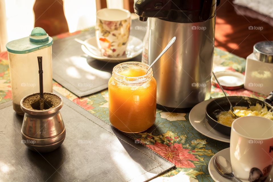 Honey jar on the table for breakfast 
