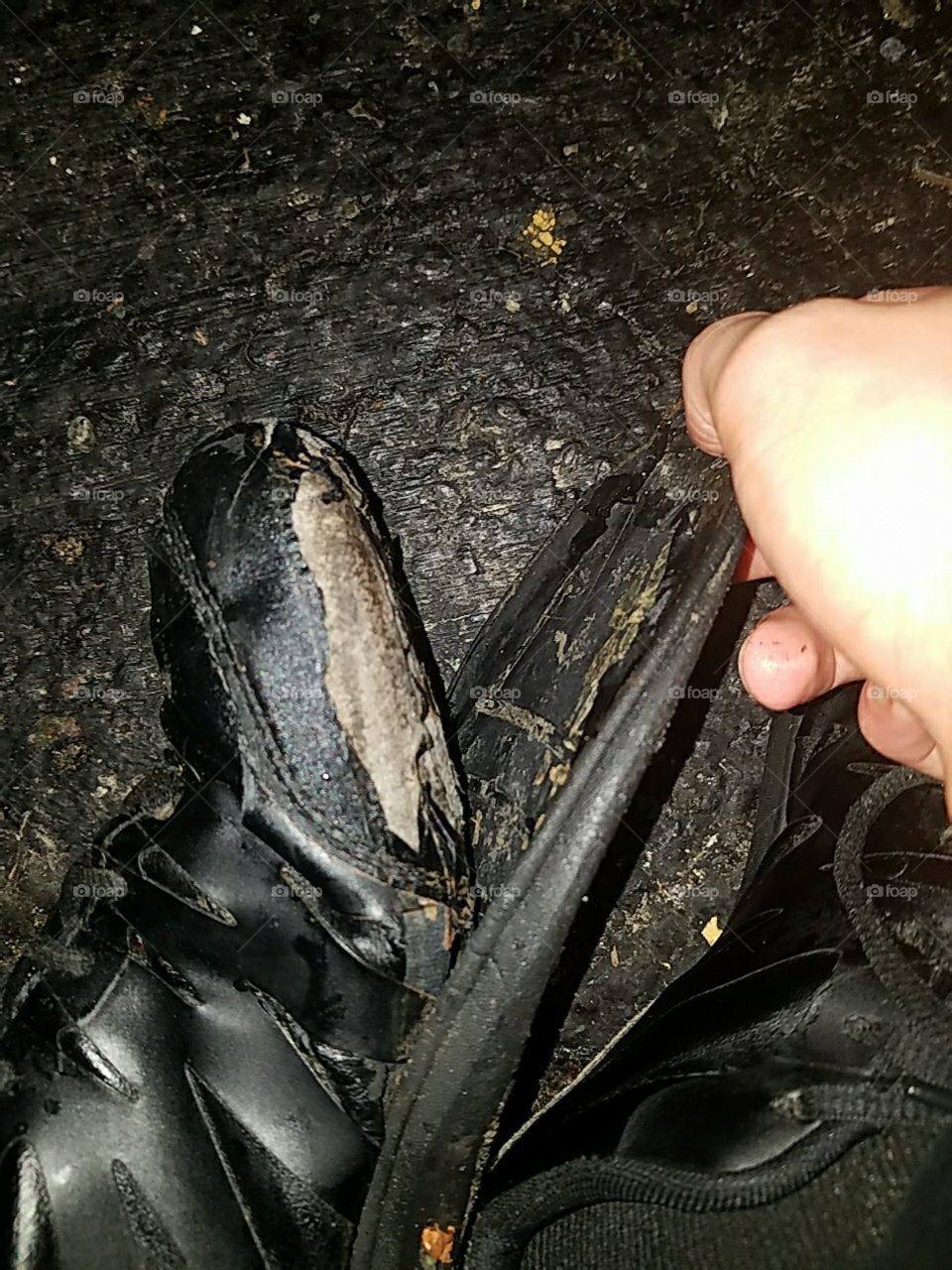 broken shoe, ripped in half, greasy, fast food