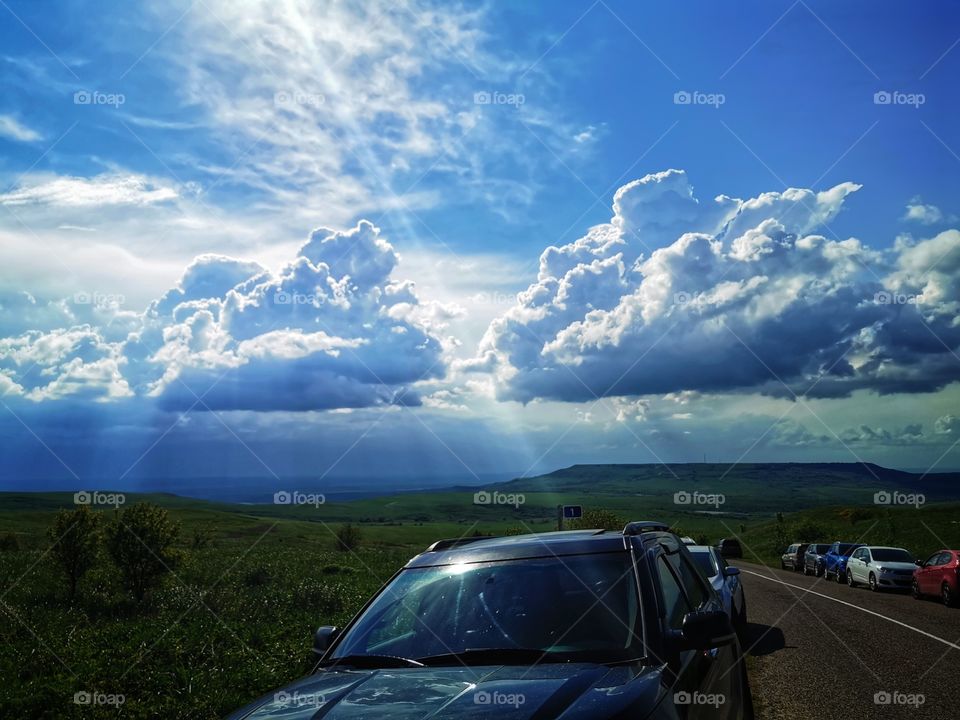 Travel trip way road view car mirror fog foggy milky mountains high freedom happy happiness view green plant grass field heaven moody sky skyline horizont blue street day outdoor outside joy