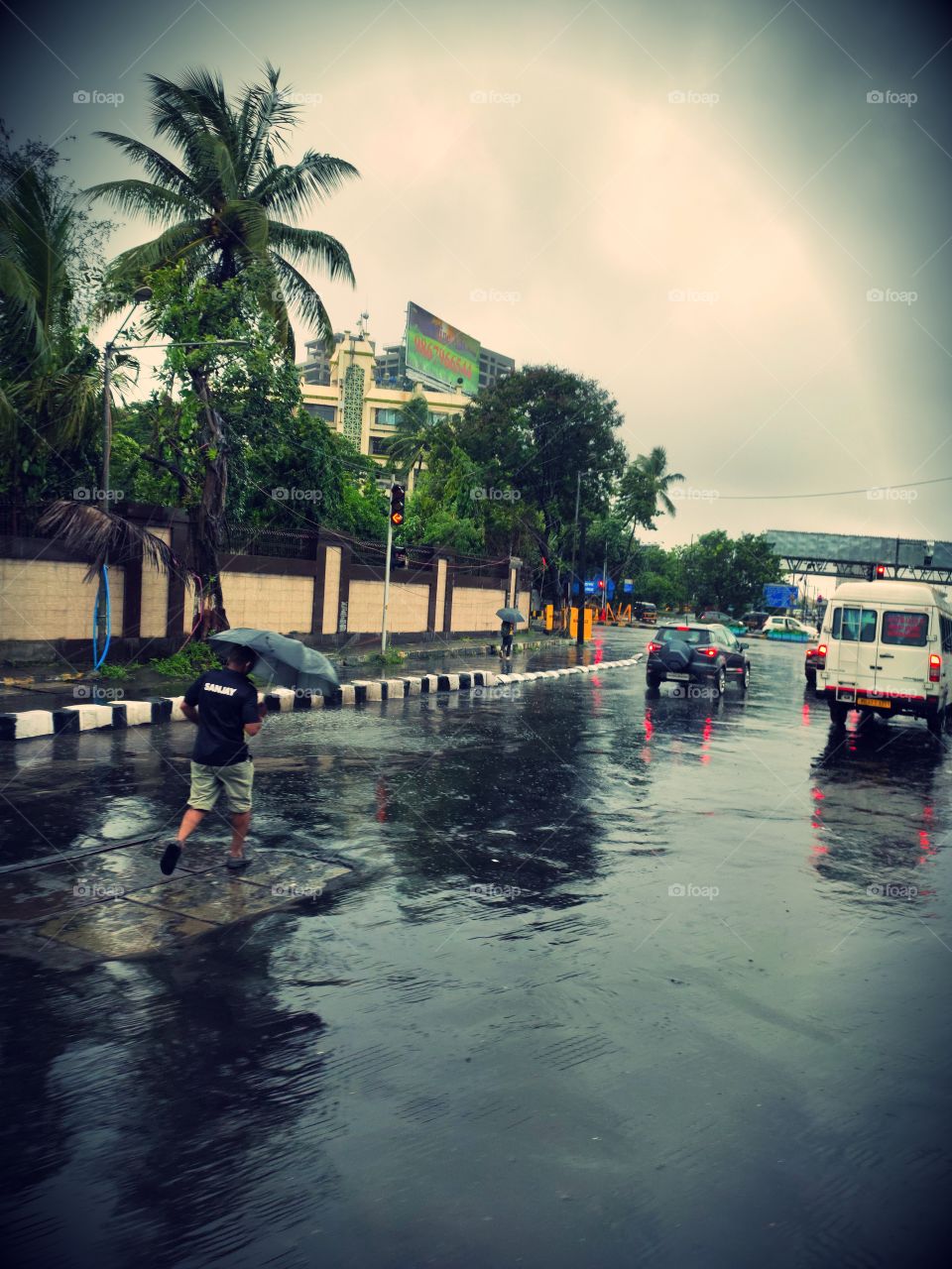 Pleasant weather
cat and Dog Rain💧💧💧
Clouds in sky🌩️🌨️🌩️🌦️
Awesome Flora 🌲🌳🌴🍀☘️🌿🌱
Man  Walking with Umbrella🚶⛱️⛱️
Vehicles on Road🚗🚗
City