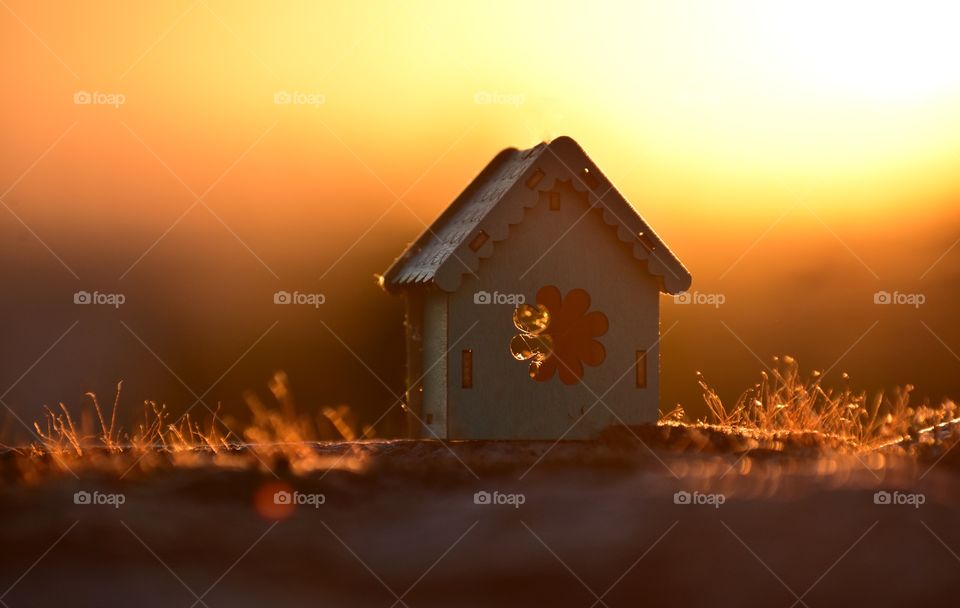 wooden house on sunset background