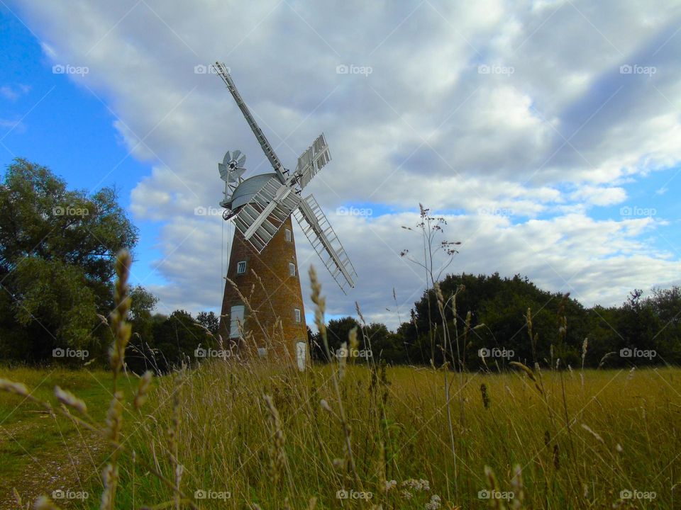 Billingford windmill, front view, beautiful landscape, Norfolk, UK