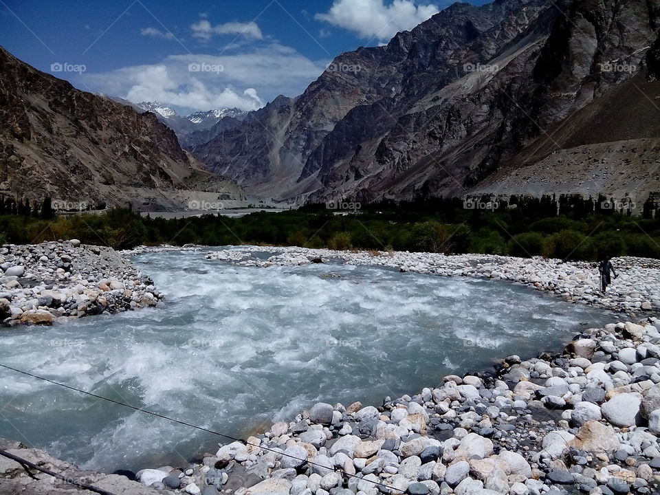 River between rocks, around the hills. It is Bongdang village of Leh Laddakh, Kashmir a state of India