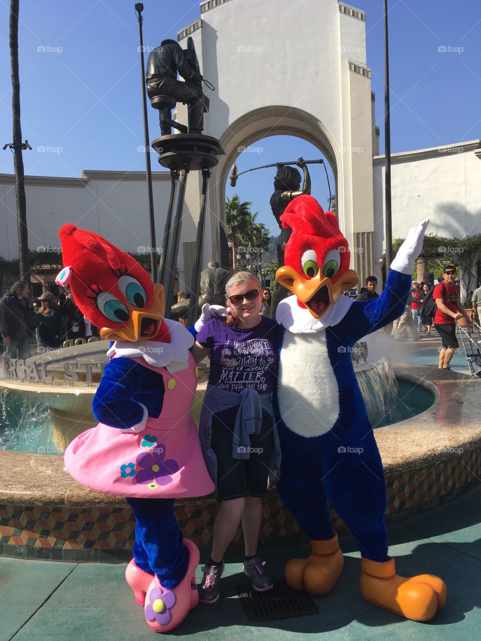 Posing with the woodpeckers at Universal Studios, CA.