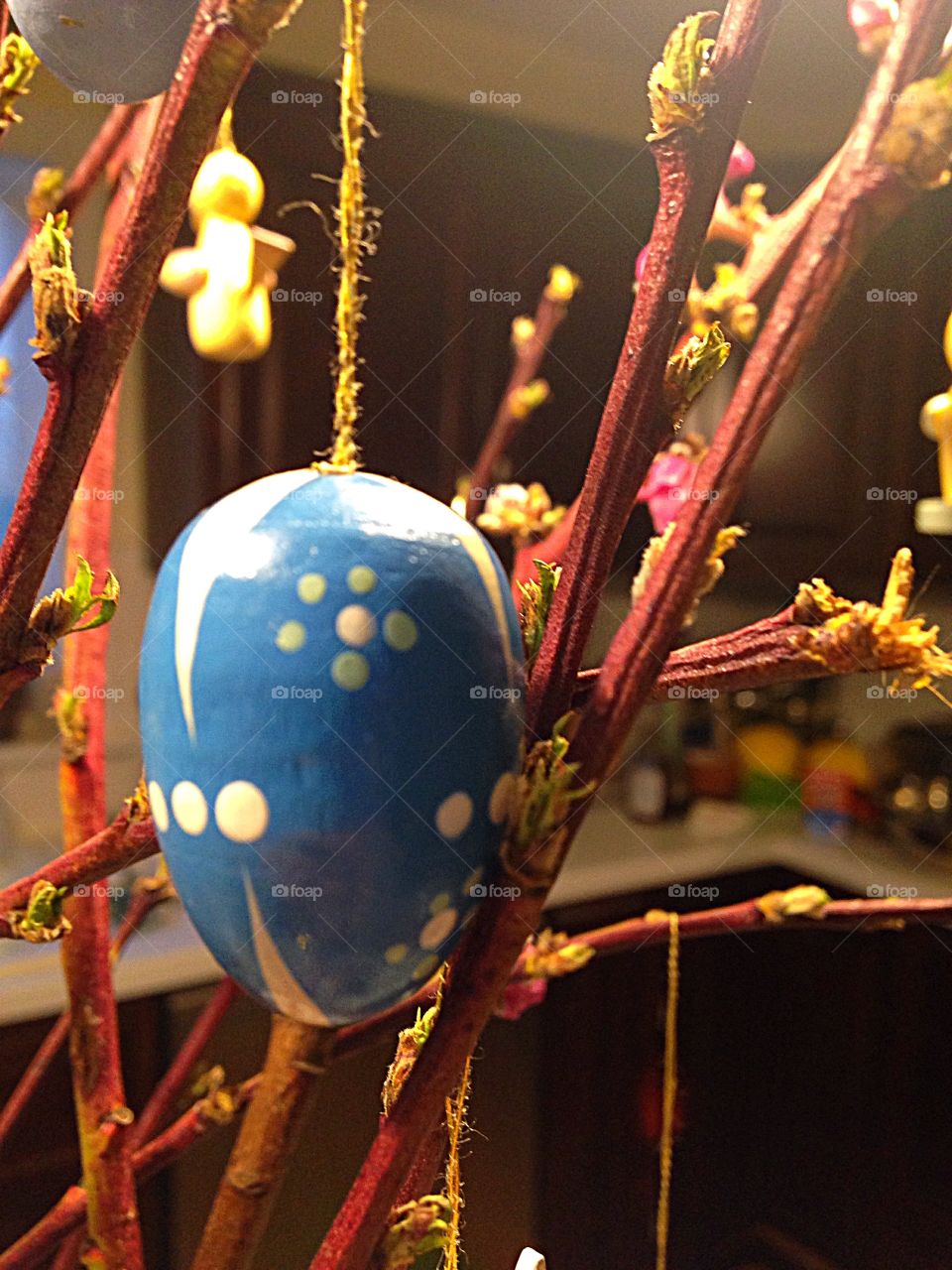 Egg ornament on an Easter tree.