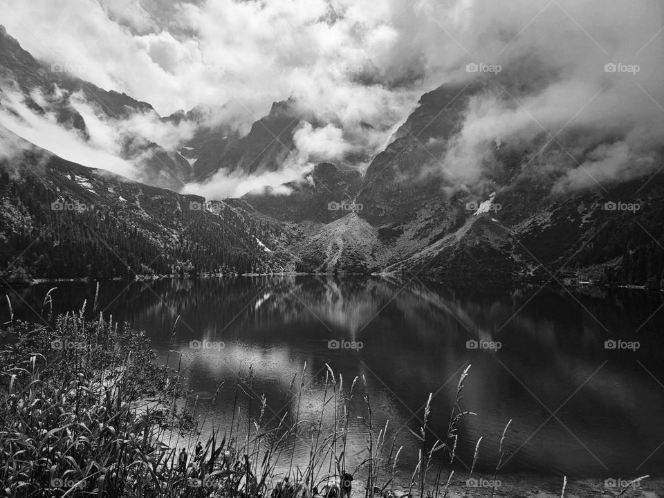 Mountain lake in black and white