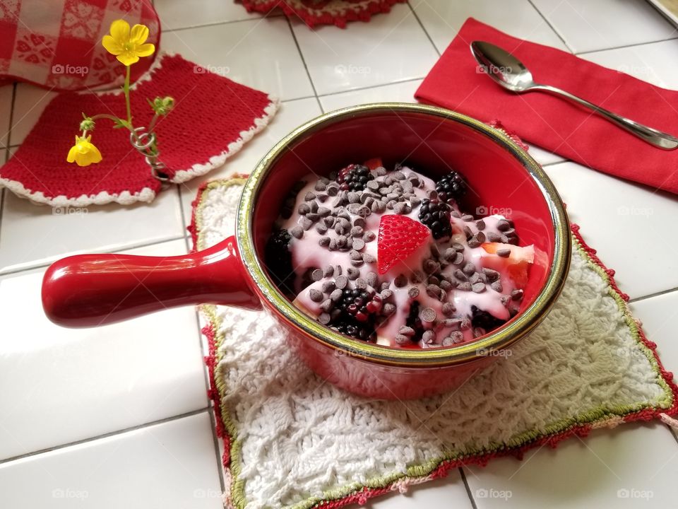 Strawberry Coconut Milk Yogurt with Berries and Chocolate Chips