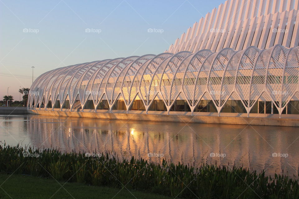 Florida polytechnic university sunset over modern architecture 