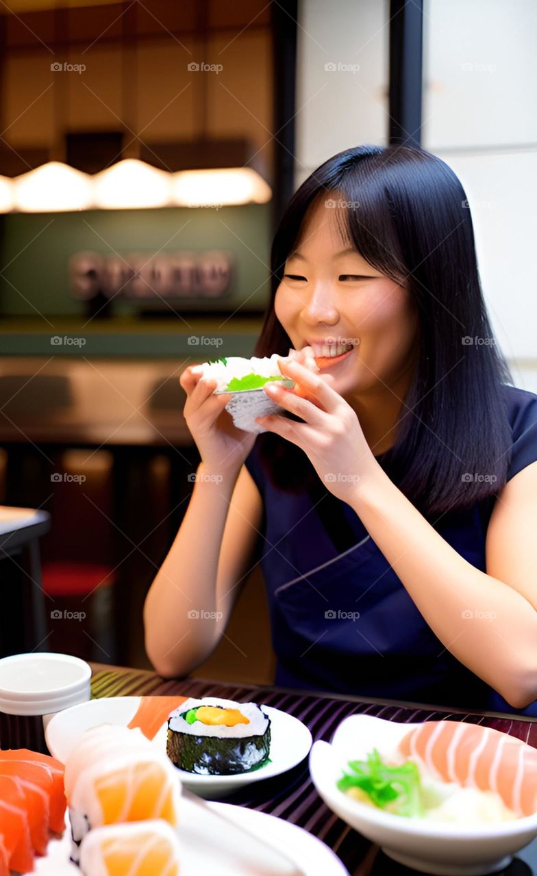 Woman eat sushi