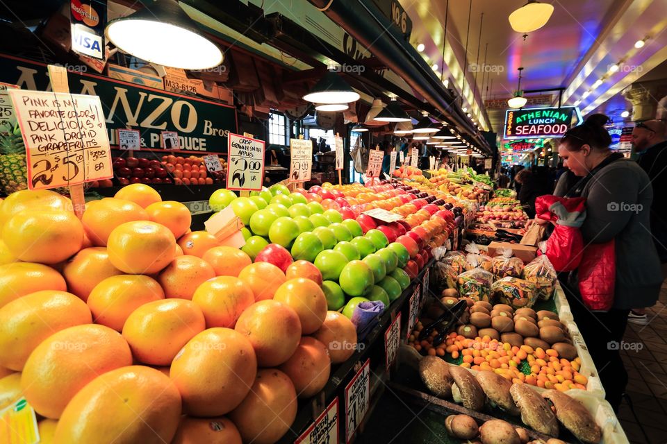 Fruit store in the pike place market Seattle Washington 