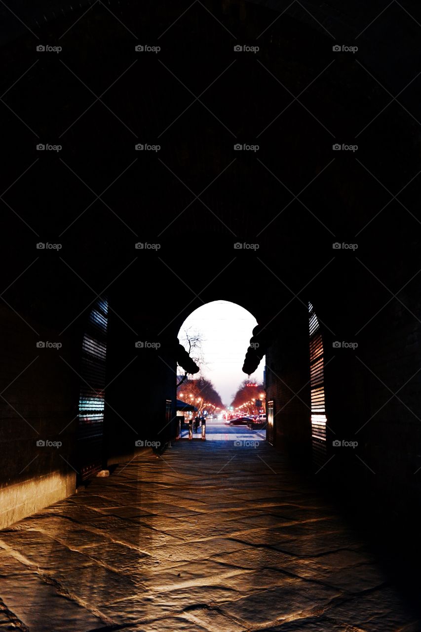 Under the city walls. One of the tunnels under the ancient city walls of Xi'an, China